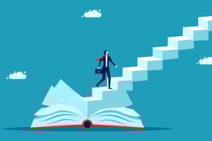 Man holding briefcases looks up long stairway emerging from a book as if wondering how to get to the top