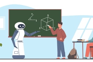Robot and students in class; one student stands with robot in front of a blackboard pointing at a geometric shape as if teaching the robot