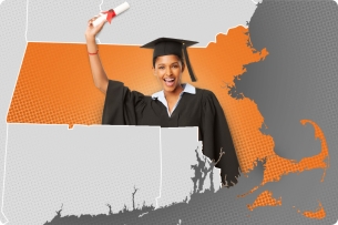 A woman in graduation regalia stands within the outline of the state of Massachusetts.