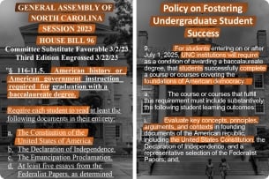 A photo illustration comparing North Carolina’s proposed REACH Act with the University of North Carolina System’s new policy.