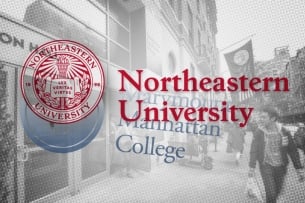 A photo illustration of the Marymount Manhattan College campus with the logos for Northeastern University and Marymount Manhattan College overlaid and intermingled.