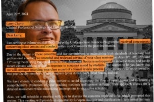 A photo illustration with a photo of Larry Chavis on the left, UNC Chapel Hill’s campus on the right and, overlaid atop both, part of the April 22 letter to Chavis revealing his classes were being recorded.