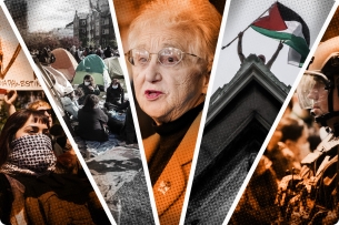 Photo illustration showing scenes of campus protests, police and Virginia Foxx, chair of the House Committee on Education and the Workforce.