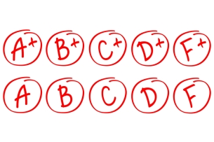 A graphic depicting grades ranging from A+ to F, each written in red ink and circled.