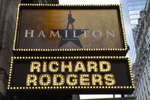 The Richard Rodgers Theatre in New York City, site of Broadway premiere of the musical “Hamilton”