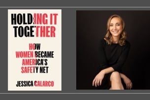 “Holding It Together” book cover with black and red text, paired with a Zoom screenshot of author Jessica Calarco.