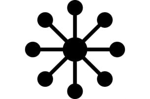 An icon depicting centralization: the icon features a central circle, from which eight lines and circles radiate outward, akin to the hub and spokes of a wheel.