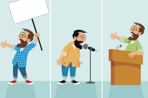 A cartoon of a professor holding up a sign in the left panel, speaking into a standing mike in the middle panel and speaking at a lectern in the last panel.