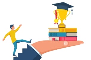An illustration of a man climbing a ladder toward an outstretched hand holding three books topped with a trophy and graduation cap.