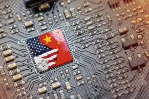 Chinese and American flags on a computer chip