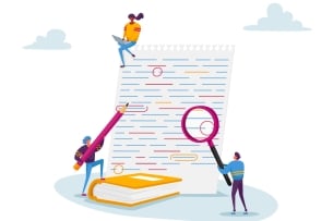 Small people sit atop and around a large paper holding a magnifying glass and red pencil, pointing out mistakes in that paper
