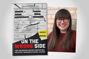 A book cover on the left and a picture of Nicole Bedera, a woman with glasses and brown hair, on the right.