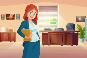 A cartoon-like drawing of a female dean, a stack of folders tucked under her arm, smiling confidently in her office.