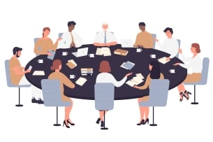 An illustration of 10 people gathered for a meeting around a round table, as they might be if engaged in faculty committee work.