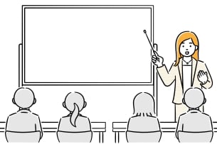 An illustration of a female lecturer next to a whiteboard explaining a concept to four students.