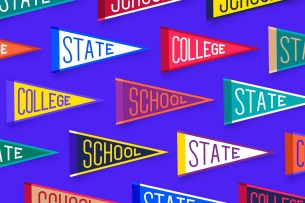 A variety of multicolored generic college pennants (bearing words like "School," "State" and "College") against a blue background.