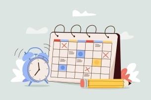 An illustration of an open calendar with various dates marked, next to an alarm clock and a pencil.