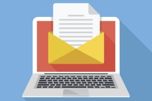 An illustration of a laptop with an envelope and letter attached to the screen.