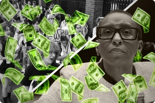A photo illustration of protests at Harvard University and former president Claudine Gay.