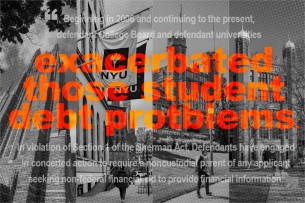 Orange and gray text over images of four college campuses