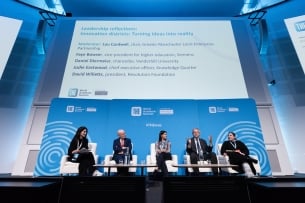 A panel of education and industry leaders discuss innovation districts at the World Academic Summit