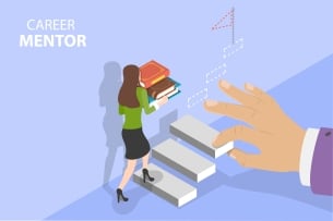 In this illustration, a woman climbs a set of stairs holding a stack of books; the words "Career Mentor" are in the upper left-hand corner.