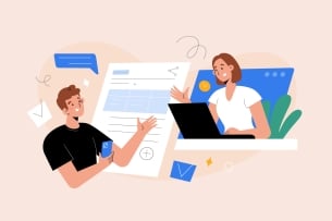 An illustration of two people collaborating on a document.