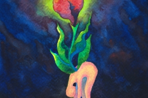 A watercolor illustration of a bent-over figure in darkness, a person seemingly imbued with pain, with a flower blooming behind them.