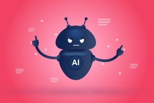 An illustration of an AI bot with an angry face against a red background.