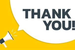 An illustration of a bullhorn amplifying the message "Thank you!"