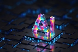 An illustration of the concept of artificial intelligence: the letters "AI," in bright colors, are offset against a backdrop of chips.