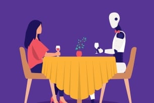 An illustration of a woman dining with a robot.