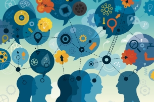 An abstract image of a group of five students and an instructor, in silhouette; speech bubbles above their head feature icons associated with education, such as a lightbulb to signify ideas, gears and wheels to signify thinking and a magnifying glass to signify investigation.