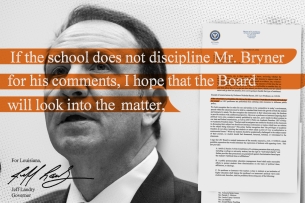 A photo illustration consisting of a photograph of Louisiana governor Jeff Landry's face with a quote from his letter to LSU officials across his face and a copy of the first page of his letter beside his head.