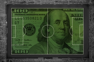 A photo illustration of a soccer field made out of money.