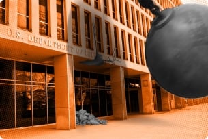 An illustration showing a wrecking ball hitting the Education Department building facade