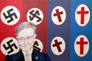 Artwork depicting U.S. House Speaker Mike Johnson in front of swastikas morphing into crosses
