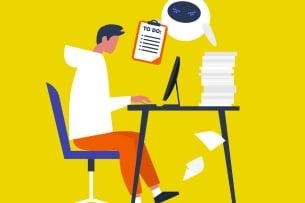 An illustration of a student typing on a laptop, a huge stack of papers behind it, while an AI bot holds up a to-do list.