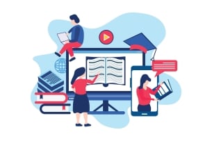 An illustration conveying the concept of online learning: in the center of the illustration is a large computer monitor with an open book on the screen. A person stands in front of the monitor and another sits on top of it, reading a book. A third person can be seen to the right of a monitor framed by the outlines of a smart phone as they read a book.