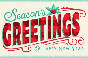 An illustration of a holiday card that reads "Seasons Greetings & Happy New Year."