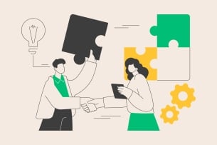An illustration of two people shaking hands as they work together on a project with a jigsaw puzzle in the background. One person in the illustration holds a tablet while the other holds up a puzzle piece. The illustration also features icons of a lightbulb and gears.