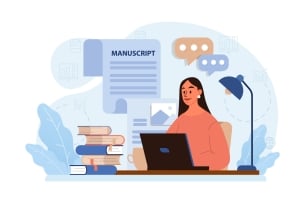 An illustration of a female writer working on a book manuscript on an open laptop at a desk. A pile of books sits on the desk; an icon of a text with the title "Manuscript" floats next to her.