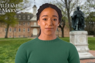 An AI image of a woman with brown skin and black hair, wearing a green top, standing in front of the Wren Building at the College of William & Mary