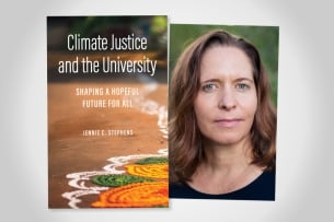 An image showing the cover of the book Climate Justice and the University and a photo of the author, Jennie C. Stephens, a white woman with light brown hair.