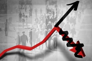 A line graph going down then crossed out with an upward line drawn in