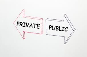 The words "private" and "public" are written in two arrows, pointing in opposite directions, against a white background.
