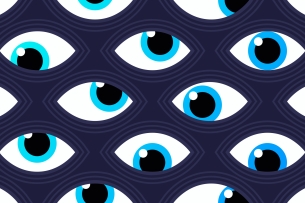 A wallpaper-like illustration featuring many eyeballs staring, suggesting a "Big Brother," Orwellian surveillance atmosphere.