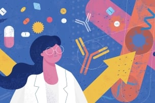 An illustration of a female scientist looking into the distance -- behind her an arrow points one way and icons illustrating pharmaceutical research (e.g. of pills) hover in the air, all against a purple background.
