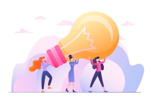 An illustration of three women carrying a giant light bulb, signifying an idea/innovation.