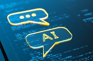 An illustration of two speech bubbles: one says "AI" and the other includes an ellipsis, suggesting a conversation with a chat bot.